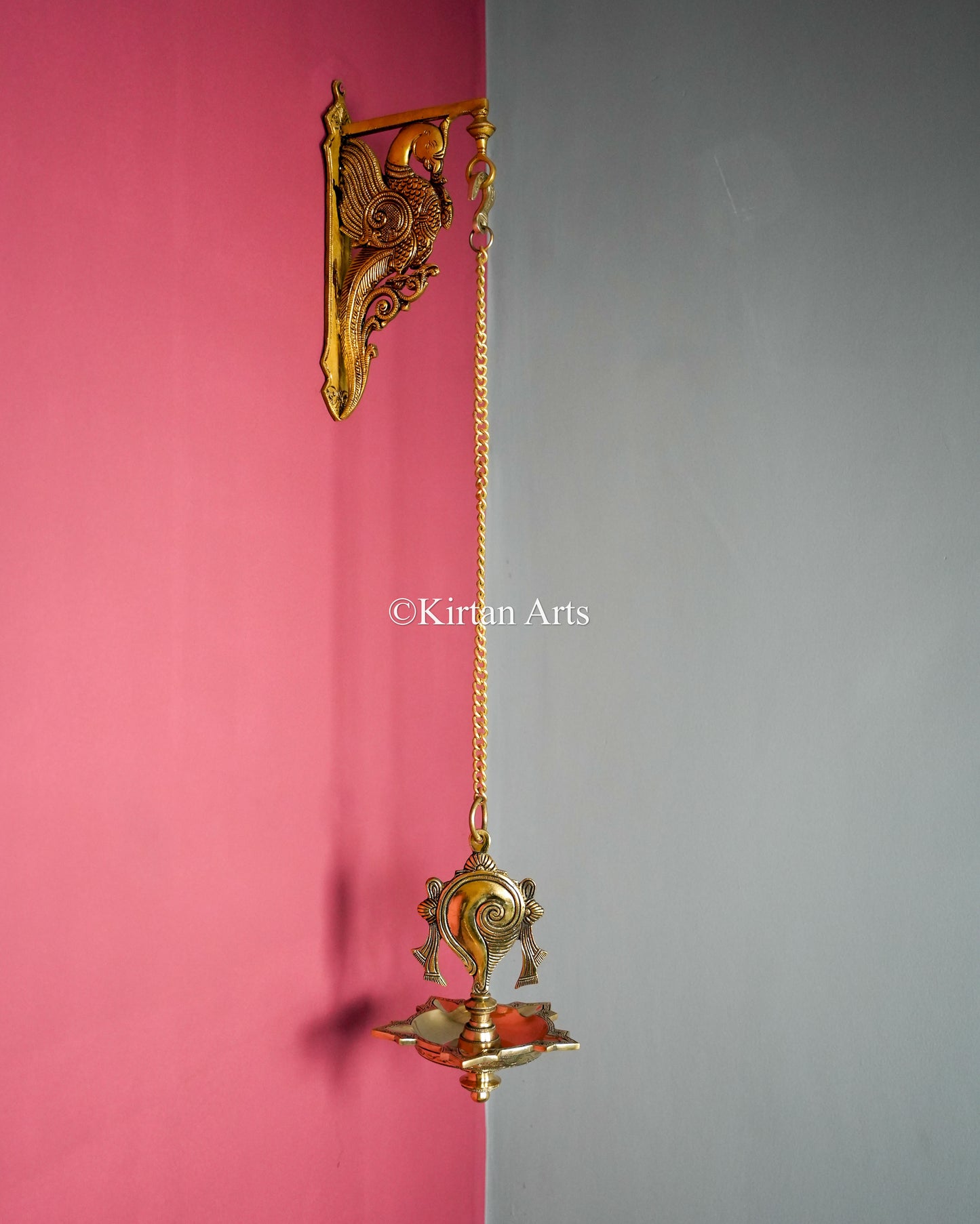 Premium Grand Solid Brass Hanging Shanku and Chakra Lamp Pair (5 Wick) – 32-Inch Traditional Chain Diya Set with Sacred Vaishnava Motifs