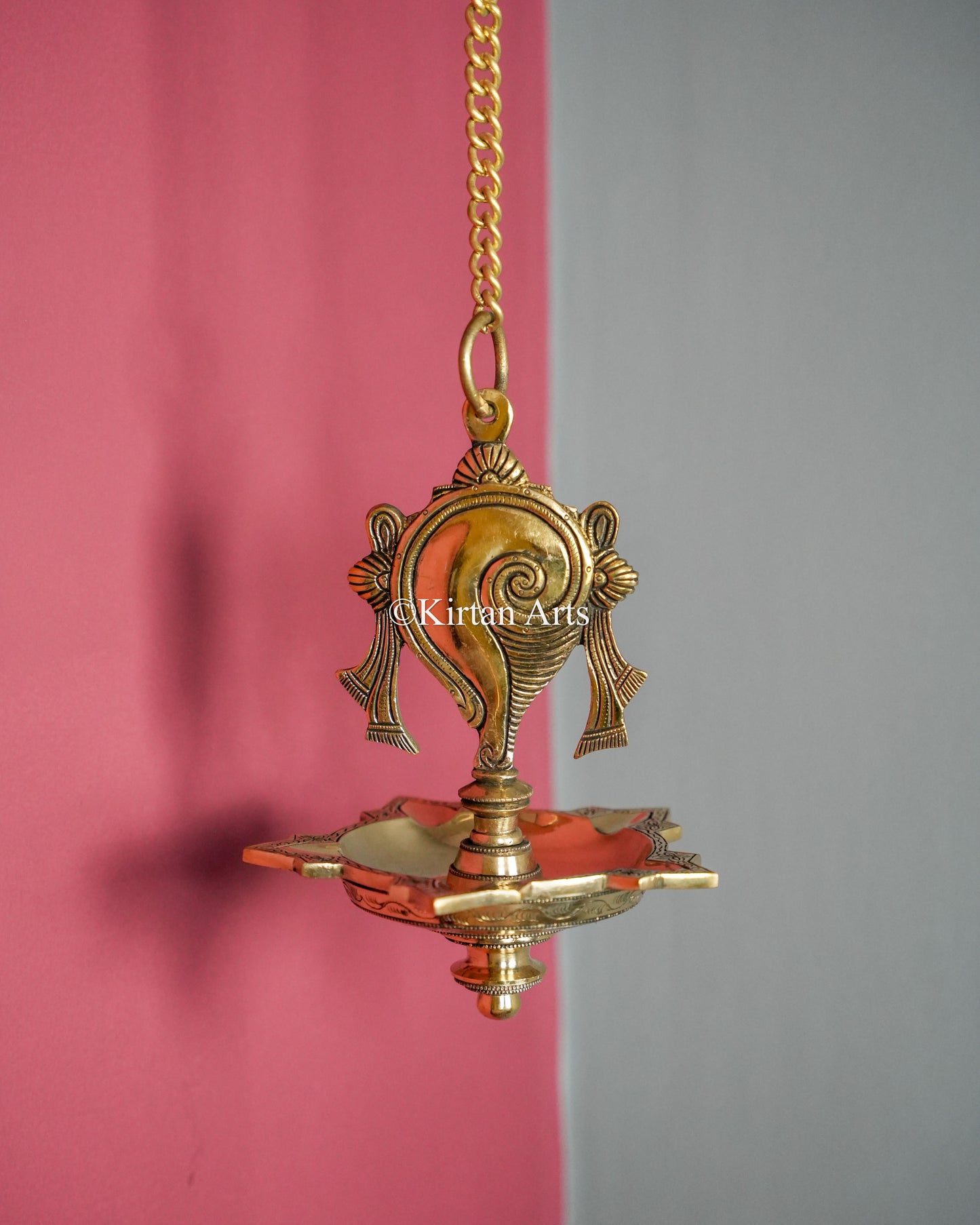 Premium Grand Solid Brass Hanging Shanku and Chakra Lamp Pair (5 Wick) – 32-Inch Traditional Chain Diya Set with Sacred Vaishnava Motifs