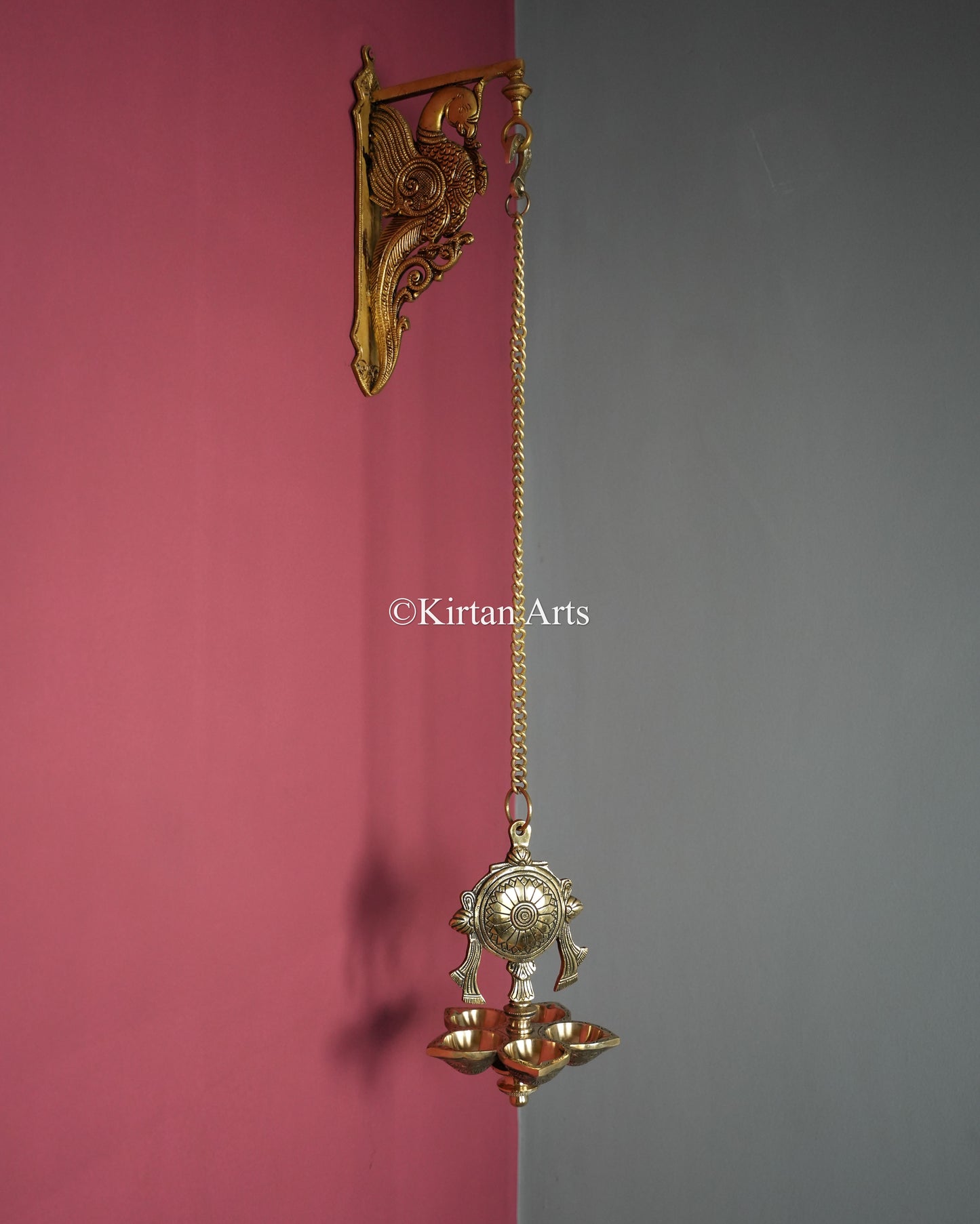 Premium Grand Solid Brass Hanging Shanku and Chakra Lamp Pair (5 Wick) – 32-Inch Traditional Chain Diya Set with Sacred Vaishnava Motifs