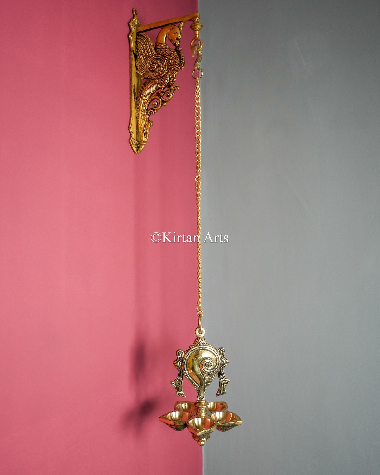 Premium Grand Solid Brass Hanging Shanku and Chakra Lamp Pair (5 Wick) – 32-Inch Traditional Chain Diya Set with Sacred Vaishnava Motifs