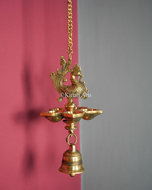 Premium Grand Solid Brass Hanging Peacock Lamp(5 Wick) – 33-Inch Traditional Chain Diya with Carved Mayura and Bell
