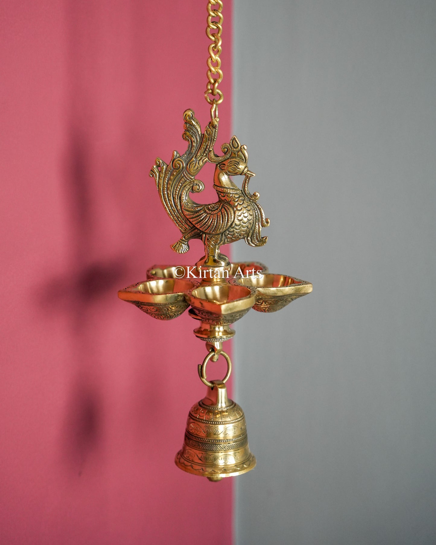 Premium Grand Solid Brass Hanging Peacock Lamp(5 Wick) – 33-Inch Traditional Chain Diya with Carved Mayura and Bell