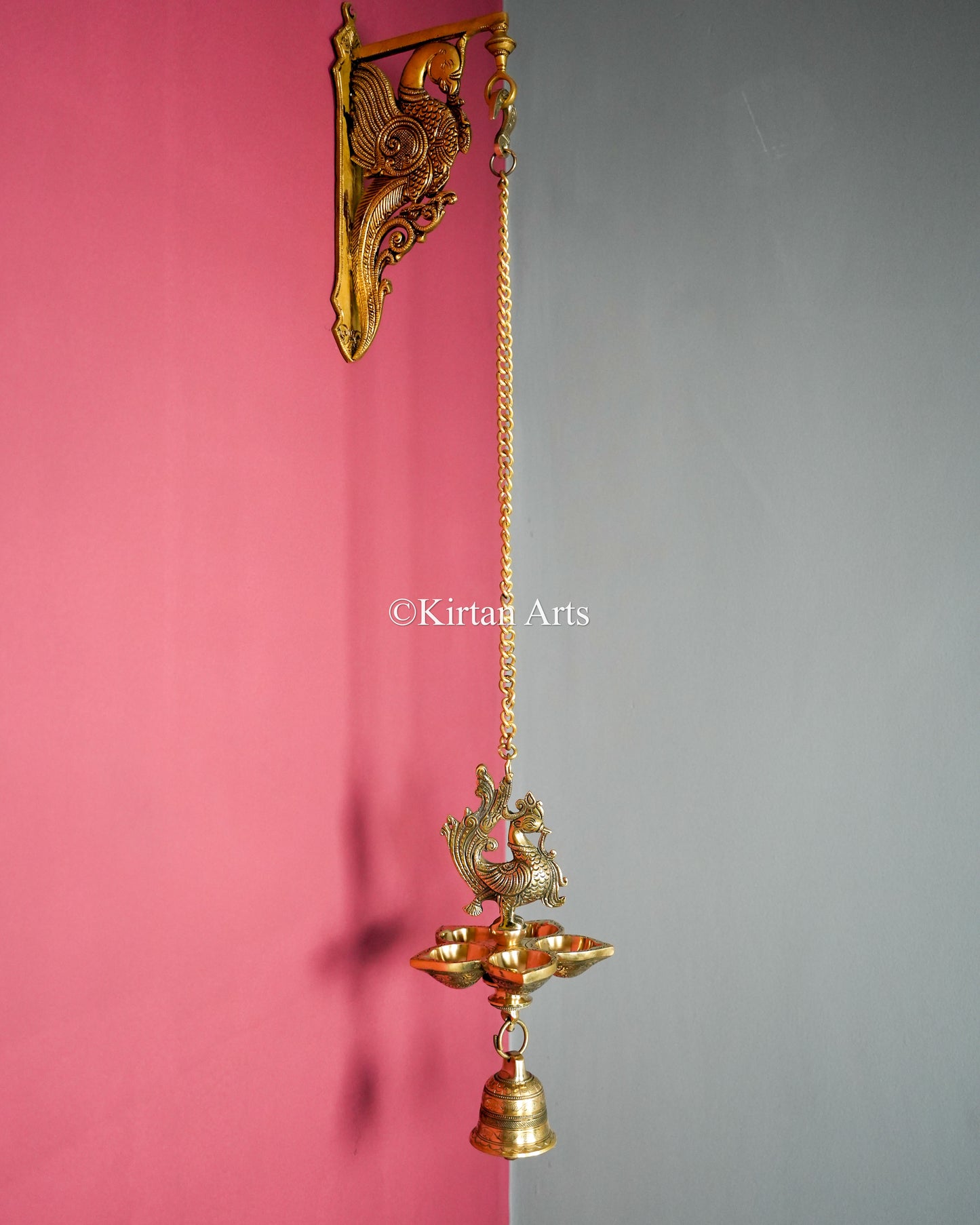 Premium Grand Solid Brass Hanging Peacock Lamp(5 Wick) – 33-Inch Traditional Chain Diya with Carved Mayura and Bell