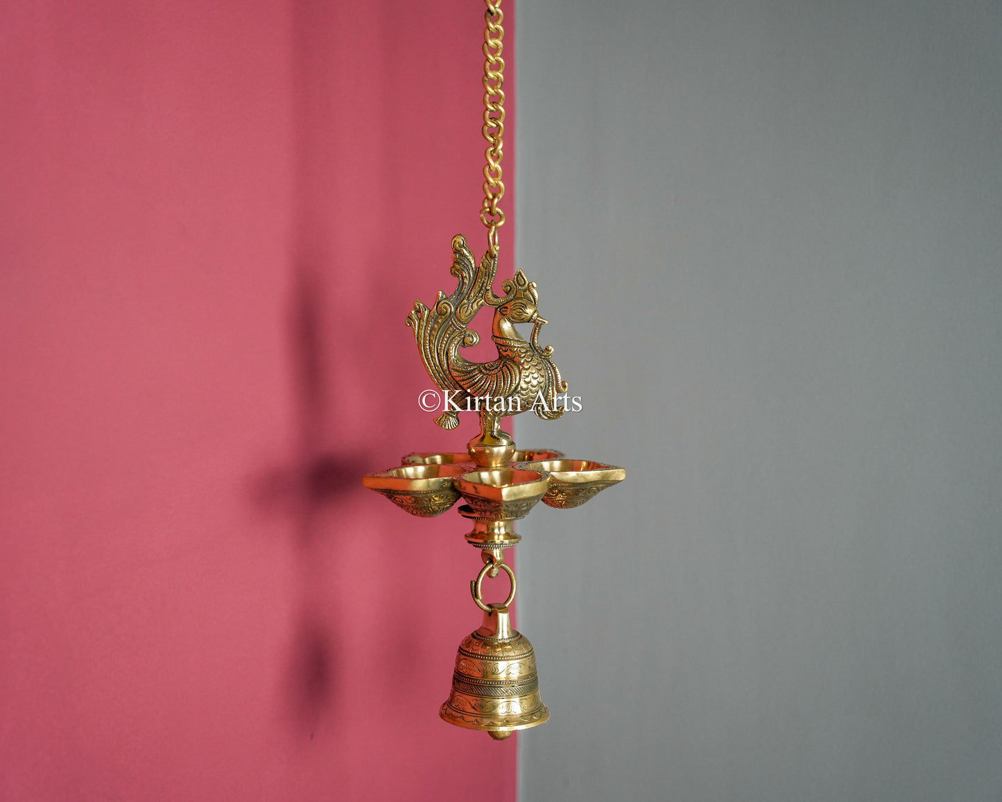 Premium Grand Solid Brass Hanging Peacock Lamp(5 Wick) – 33-Inch Traditional Chain Diya with Carved Mayura and Bell