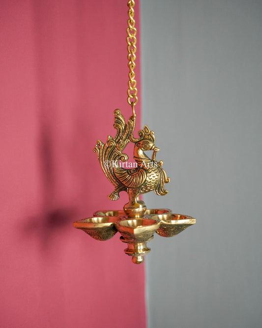 Premium Solid Brass Hanging Peacock Lamp(5 Wick) – 29-Inch Traditional Chain Diya with Carved Mayura and Deep-Cup 5-Wick Reservoir (Bell-Free)