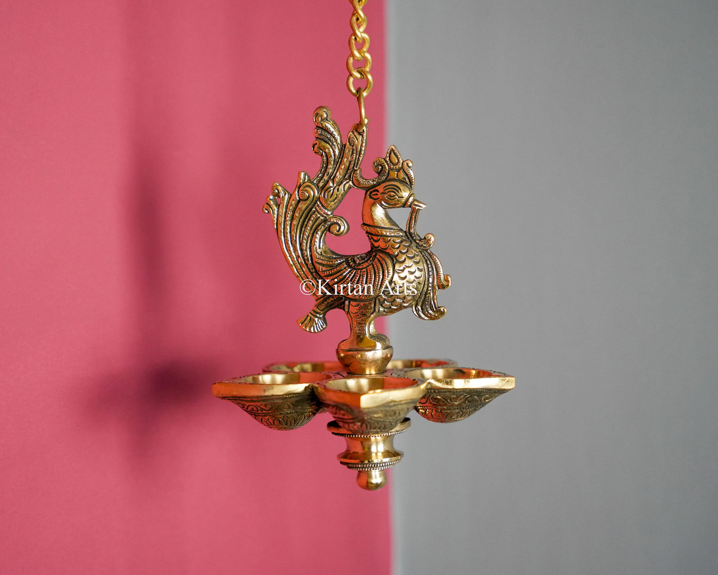 Premium Solid Brass Hanging Peacock Lamp(5 Wick) – 29-Inch Traditional Chain Diya with Carved Mayura and Deep-Cup 5-Wick Reservoir (Bell-Free)