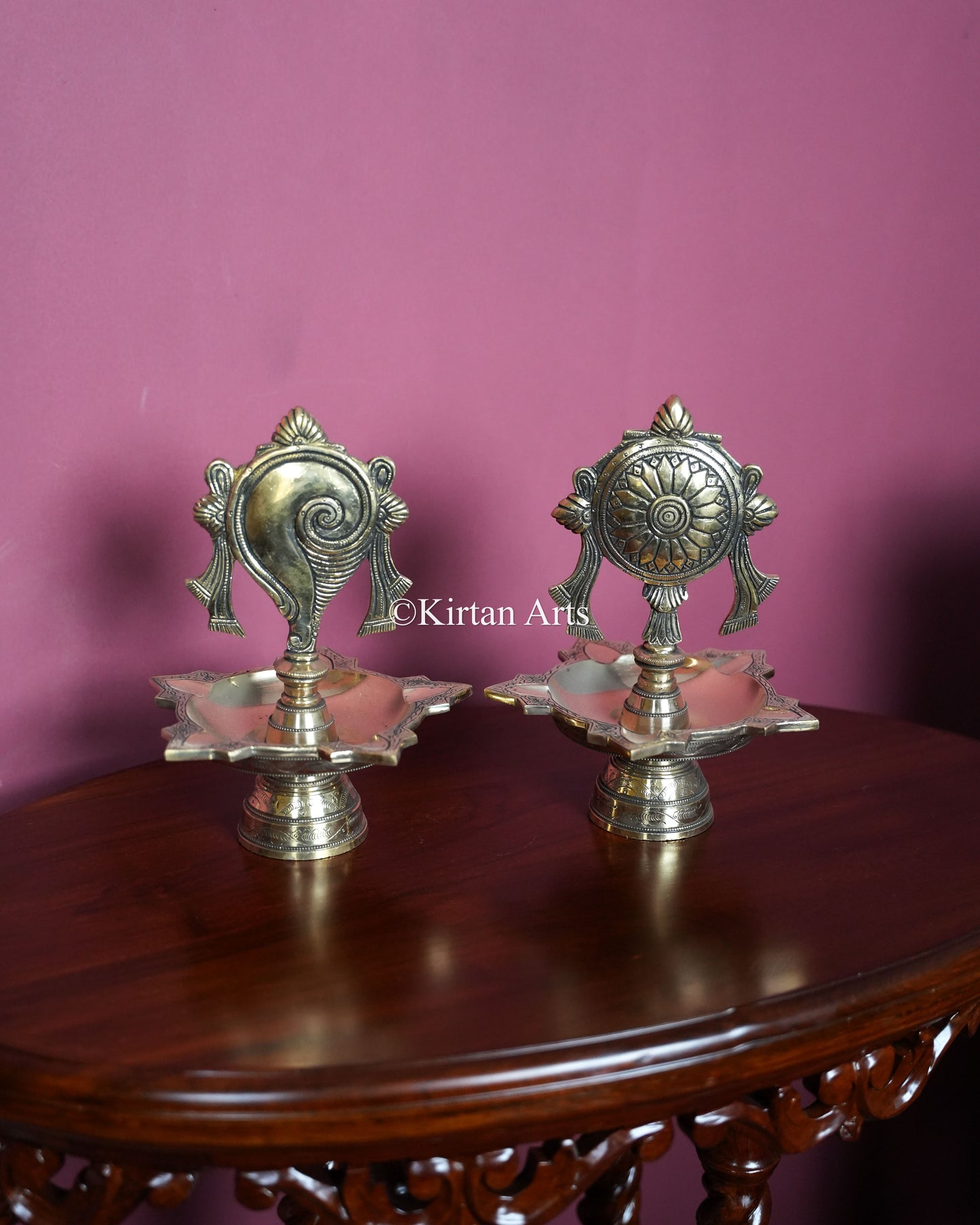 Premium Heavy Solid Brass Shankh &amp; Chakra Standing Lamp Pair – 10-Inch Traditional Tabletop Brass Diya Set with Sacred Vaishnava Motifs and Compact Pedestal Bases