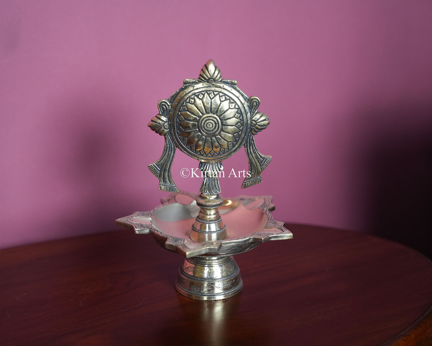 Premium Heavy Solid Brass Shankh &amp; Chakra Standing Lamp Pair – 10-Inch Traditional Tabletop Brass Diya Set with Sacred Vaishnava Motifs and Compact Pedestal Bases