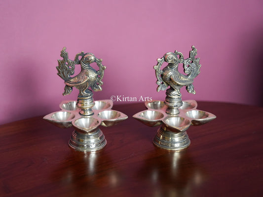 Premium Solid Brass Peacock Standing Lamp Pair(5 Wick) – 6-Inch Traditional Tabletop Brass Diya Set with Carved Mayura Finials&nbsp;