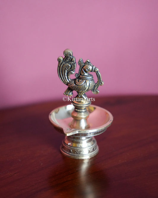 Premium Solid Brass Peacock Standing Lamp Pair(1 Wick) – 5-Inch Traditional Tabletop Brass Diya Set with Carved Mayura Finials&nbsp;