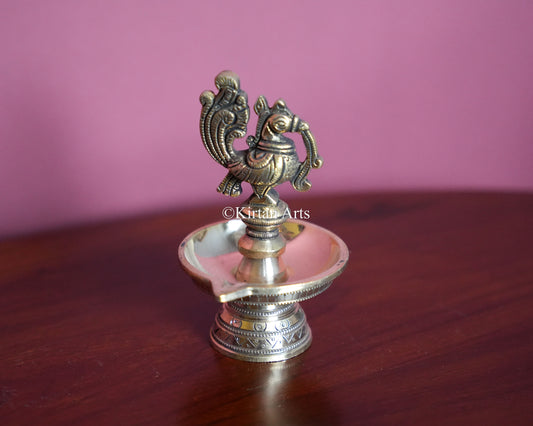 Premium Solid Brass Peacock Standing Lamp Pair(1 Wick) – 5-Inch Traditional Tabletop Brass Diya Set with Carved Mayura Finials&nbsp;