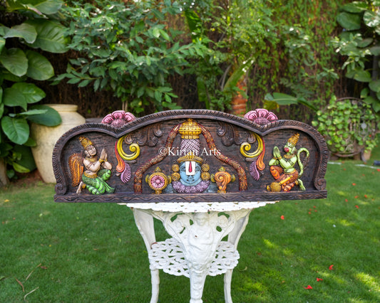 36" Tirupati Balaji Wall Panel with Hand-Painted Watercolor Finish, Garuda, and Hanuman Devotional Reliefs