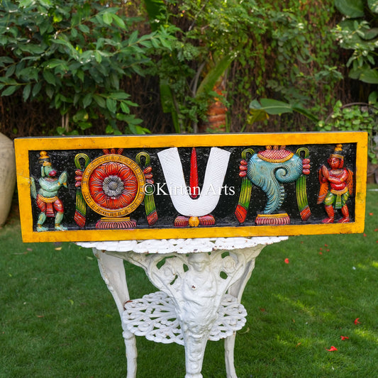 33"x10" Hand-Carved Tirupati Balaji Shanku Chakra Namam Wall Panel