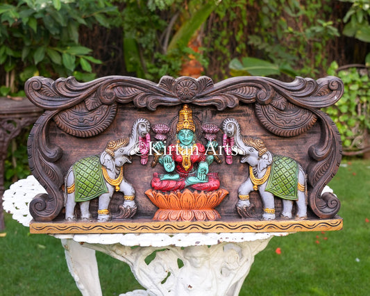 24"x12" Hand-Carved Wooden GajaLakshmi Wall Panel