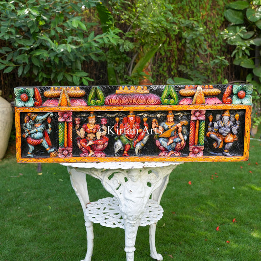 36" Hand-Carved Wooden Ganesh, Lakshmi, Saraswati Wall Panel