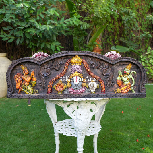 36" Hand-Carved Wooden Tirupati Balaji Wall Panel with Watercolor Finish, Garuda, and Hanuman Devotional Reliefs