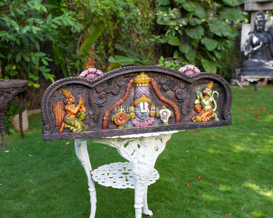 36" Hand-Carved Wooden Tirupati Balaji Wall Panel with Watercolor Finish, Garuda, and Hanuman Devotional Reliefs
