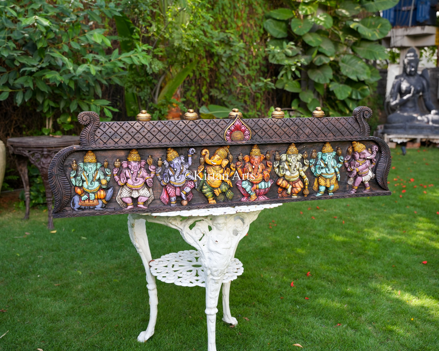 48" Grand Wooden Hand-Carved Ashta Ganesha Wall Panel(Watercolor Finish)