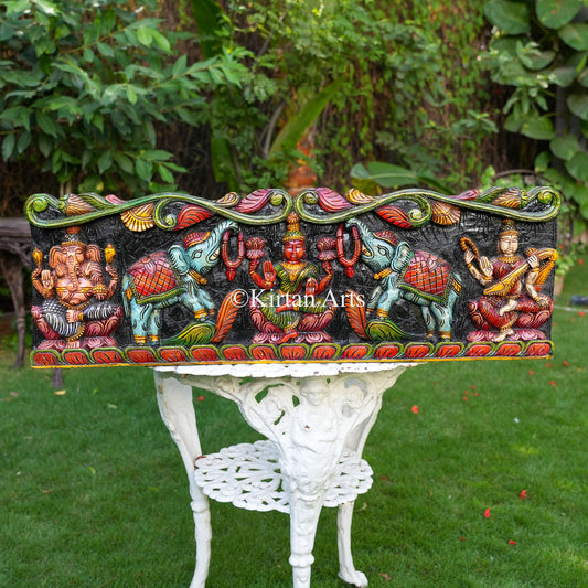 36" Hand-Carved Wooden GajaLakshmi, Ganesha, Saraswati Wall Panel