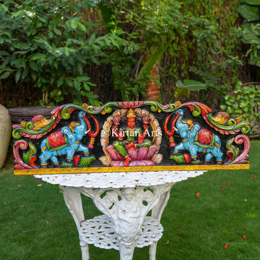 36" Hand-Carved Wooden GajaLakshmi Wall Panel with Sky-Blue Elephant Reliefs