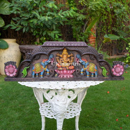 36" Hand-Carved Wooden Ganesha Wall Panel with Watercolor Finish and Elephant Reliefs