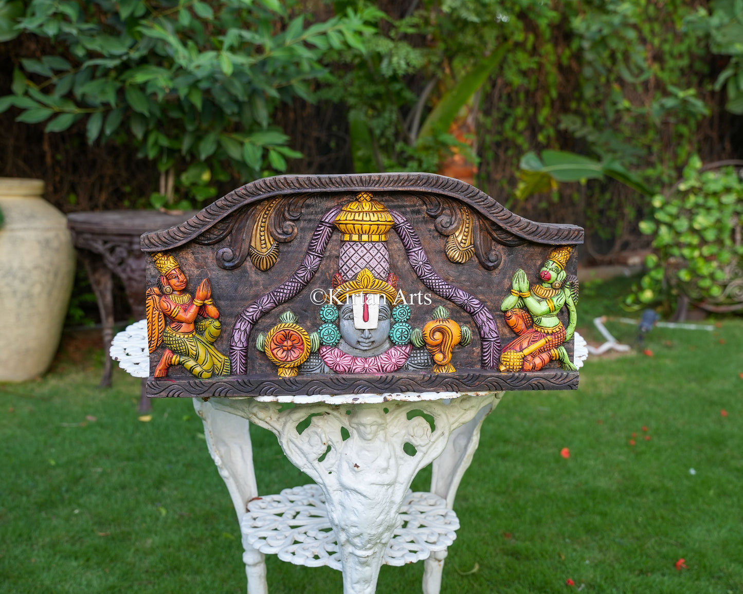 24" Premium Handcrafted Wooden Tirupati Balaji Wall Panel with Hand-Painted Watercolor Finish, Garuda, and Hanuman Devotional Reliefs