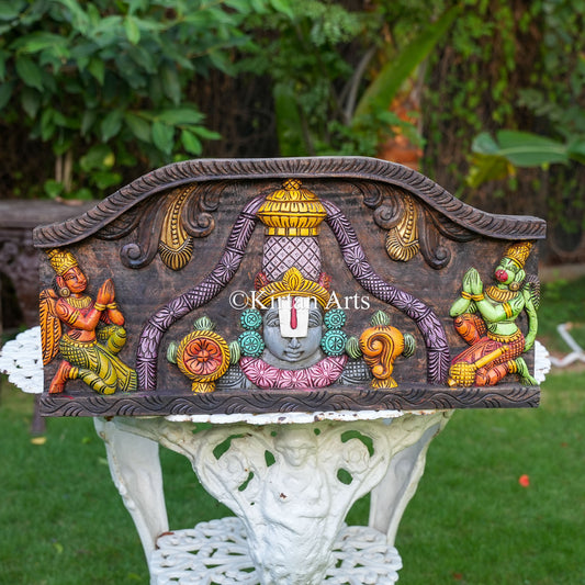 24" Hand-Carved Wooden Tirupati Balaji Wall Panel with Watercolor Finish, Garuda, and Hanuman Devotional Reliefs