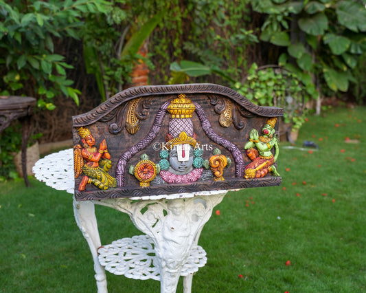24" Hand-Carved Wooden Tirupati Balaji Wall Panel with Watercolor Finish, Garuda, and Hanuman Devotional Reliefs