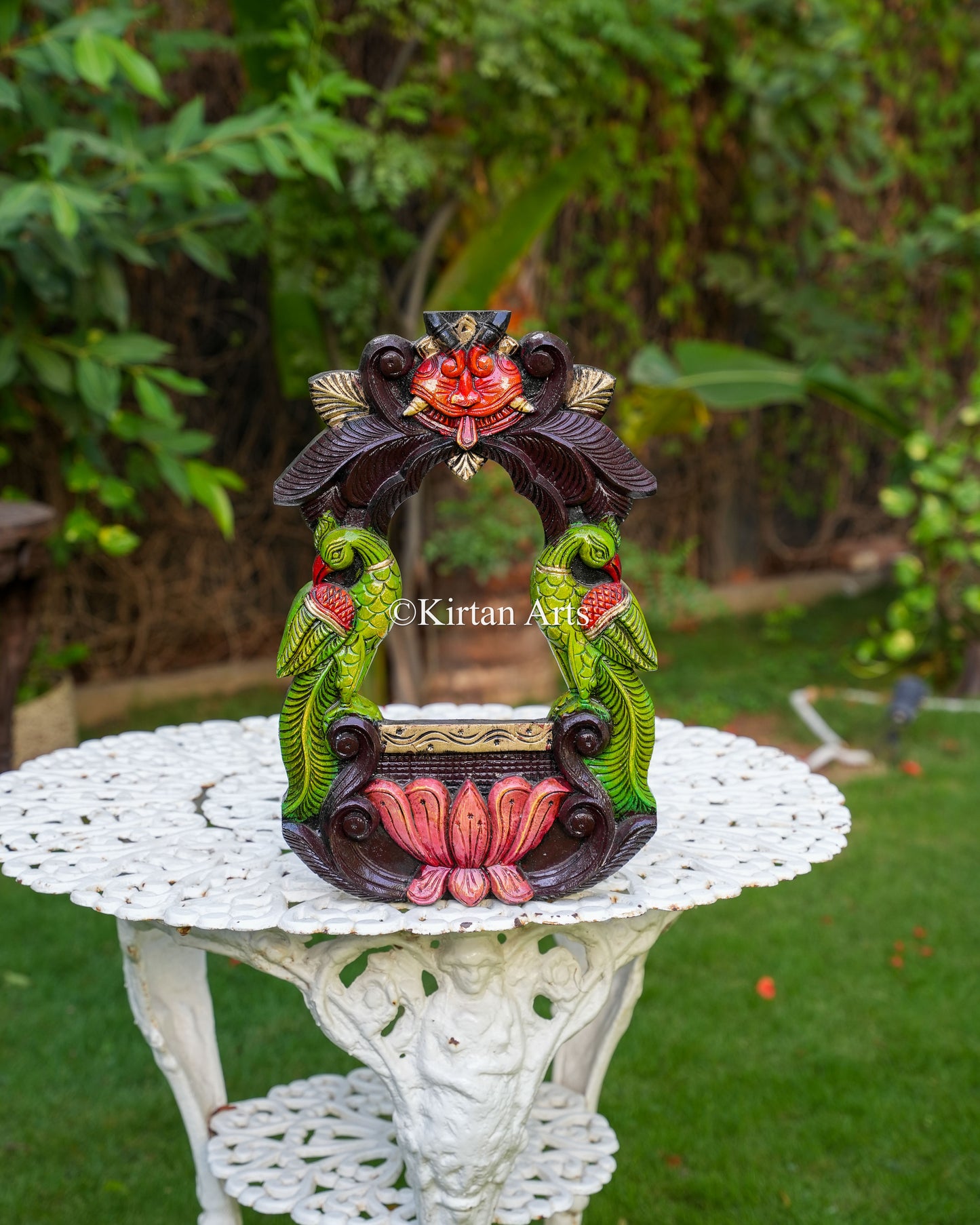 18" Ornate Hand-Carved Wooden Kirtimukha and Peacock Jharokha Frame