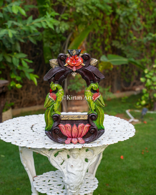 18" Ornate Hand-Carved Wooden Kirtimukha and Peacock Jharokha Frame