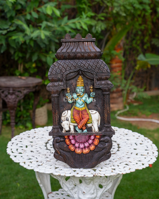 24" Hand-Carved Wooden Venugopala Krishna Jharokha Panel (Watercolor Edition)