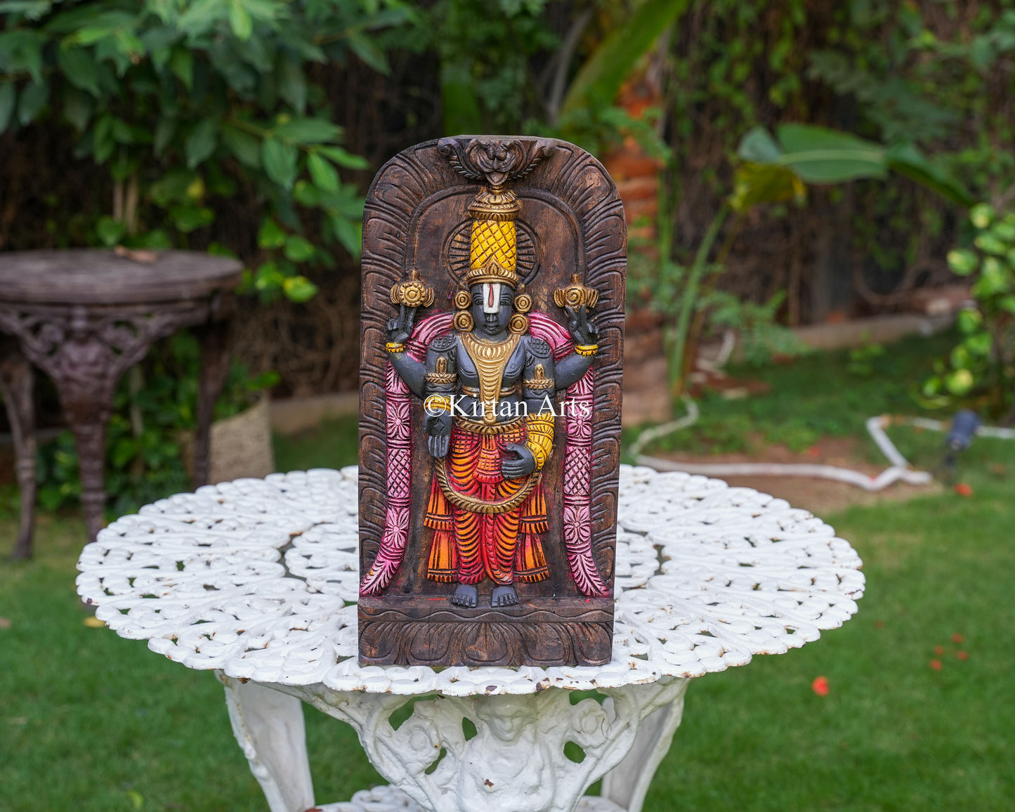 18" Hand-Carved Wooden Tirupati Balaji Wall Panel (Watercolor Edition)