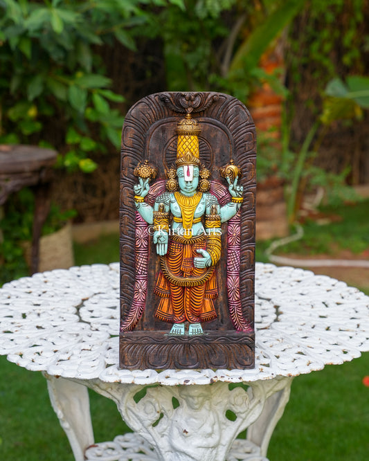 18" Hand-Carved Wooden Tirupati Balaji Wall Panel (Watercolor Edition)