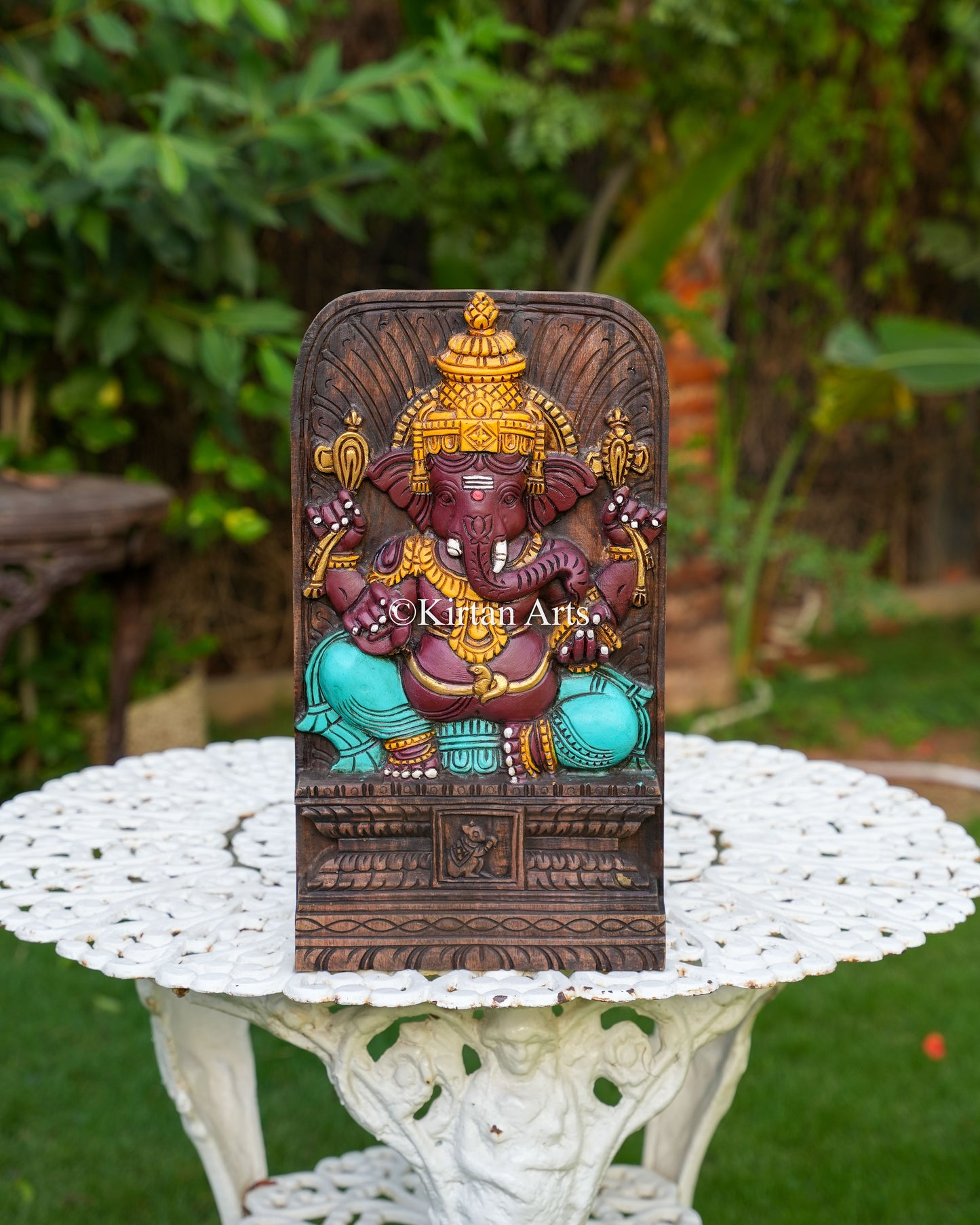 Hand-Carved Wooden Ganesha Shila Panel | Watercolours