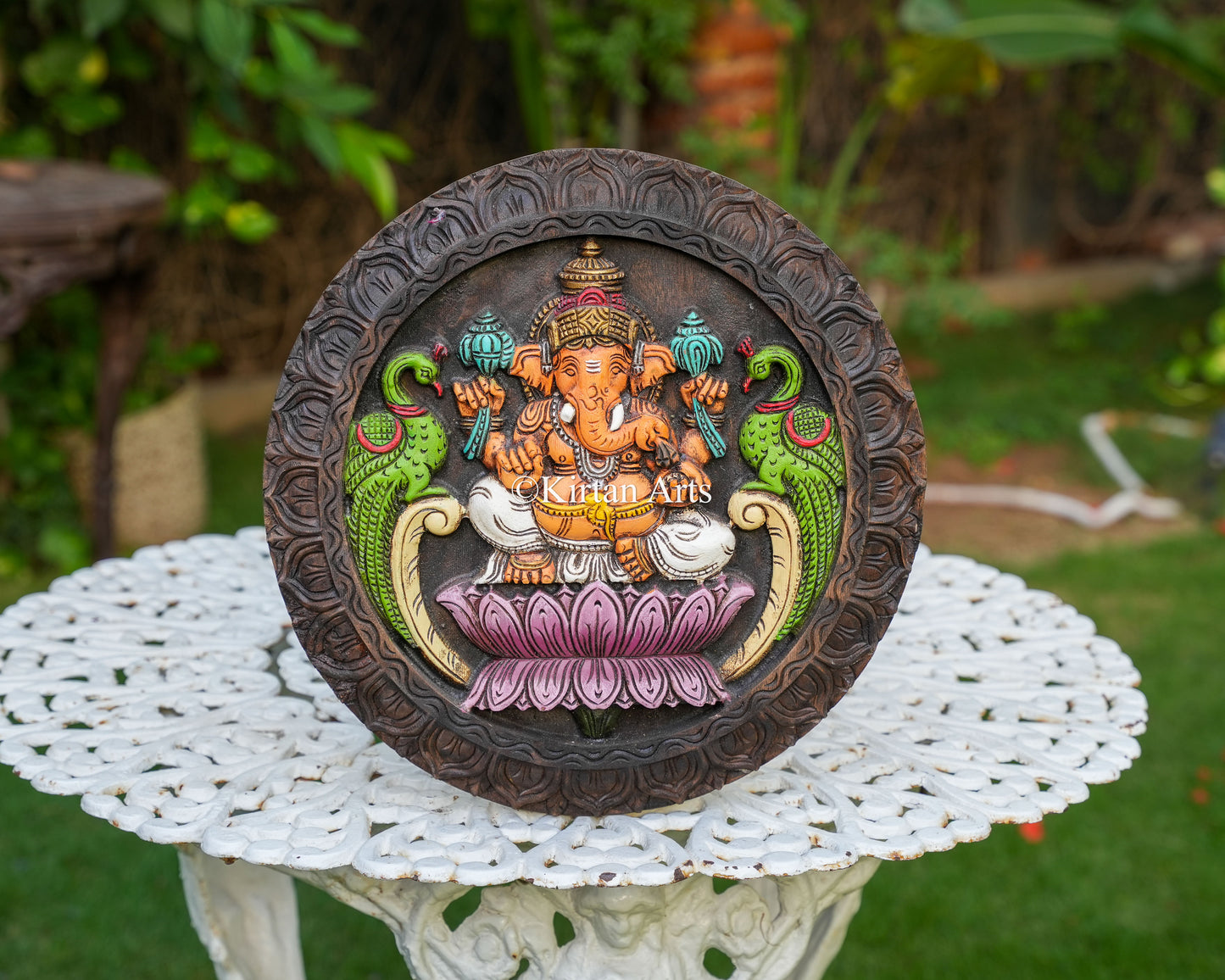 15"Ornate Hand-Carved Wooden Ganesha Circular Panel (Watercolor Edition)