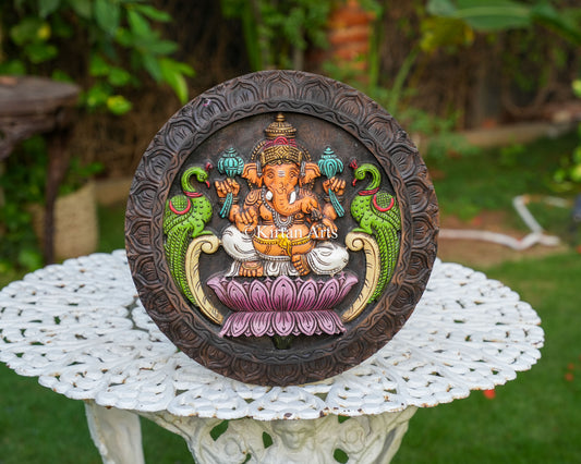 15"Ornate Hand-Carved Wooden Ganesha Circular Panel (Watercolor Edition)