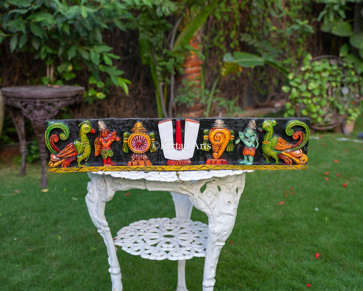 30x6 Inch Wooden Tirupati Namam Panel with Shankh, Chakra, Garuda, and Hanuman Reliefs