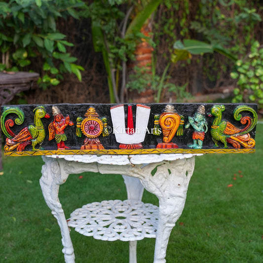30"x6" Wooden Tirupati Namam Panel with Shankh, Chakra, Garuda, and Hanuman Reliefs