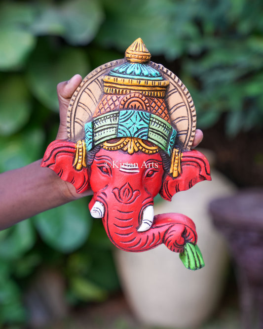10x8 Inch Handcrafted Wooden Lord Ganesha Face Mask | Watercolors