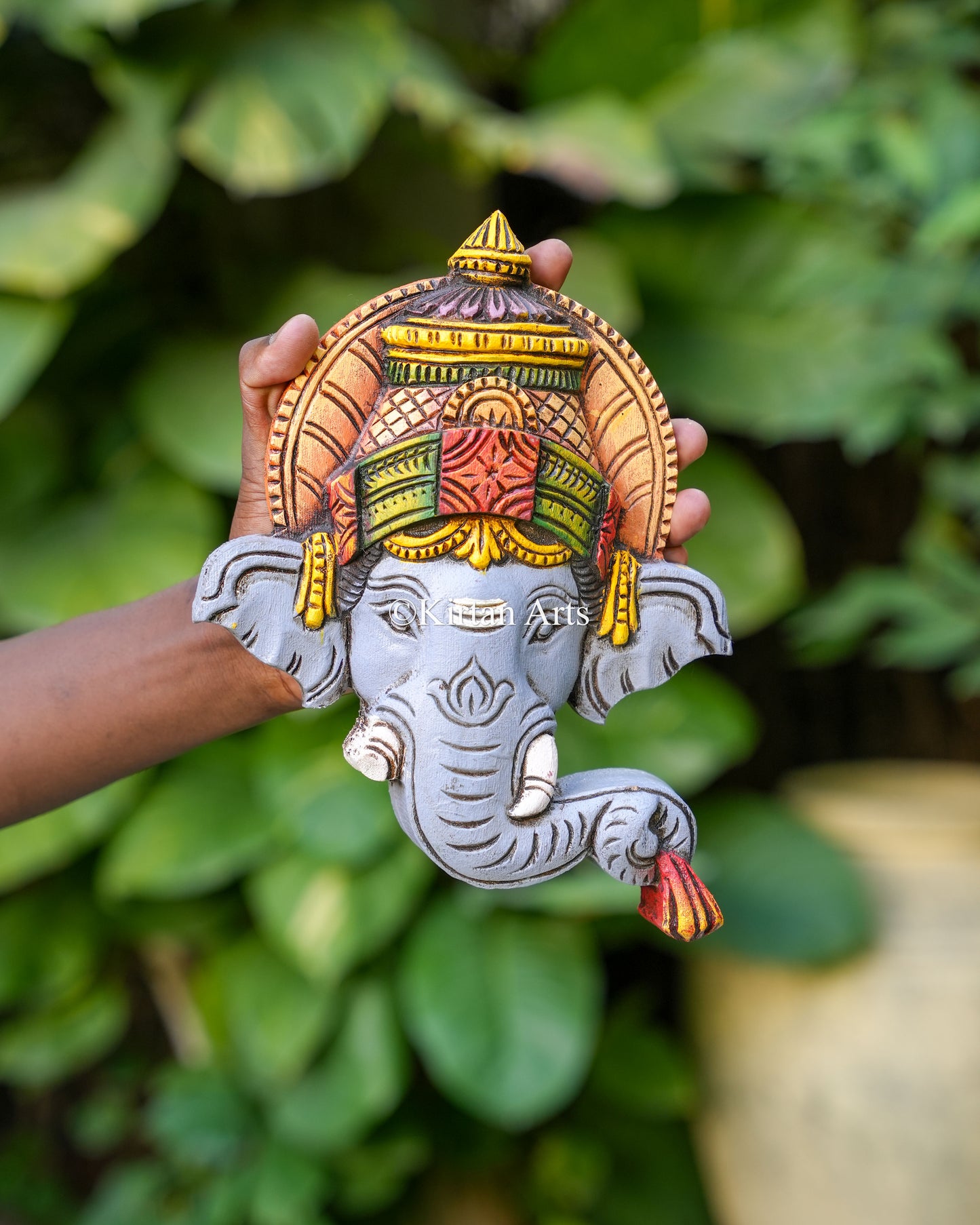 10x8 Inch Handcrafted Wooden Lord Ganesha Face Mask | Watercolors