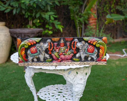 24x8 Inch Traditional South Indian Gaja Lakshmi Wooden Panel
