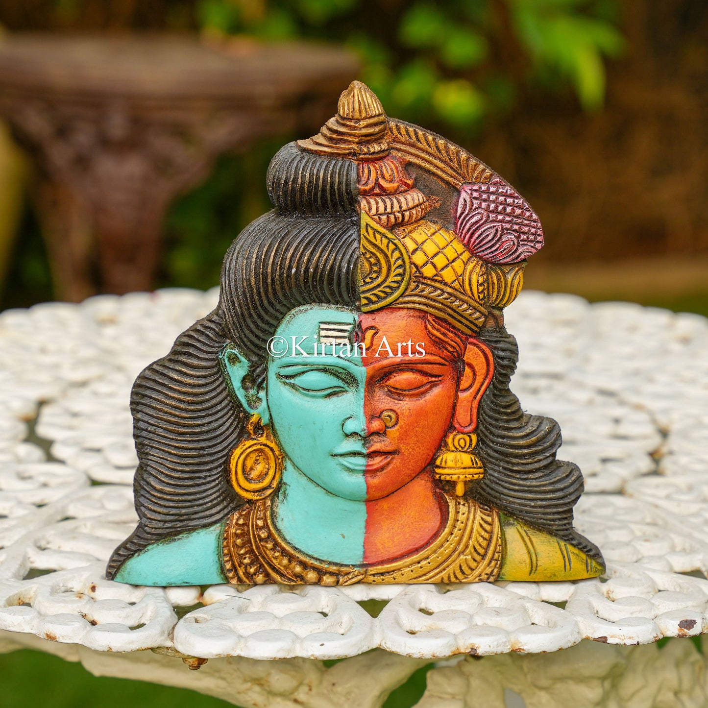 10" Hand-Carved Ardhanarishvara Wooden Wall Panel – Shiva & Parvati Divine Union