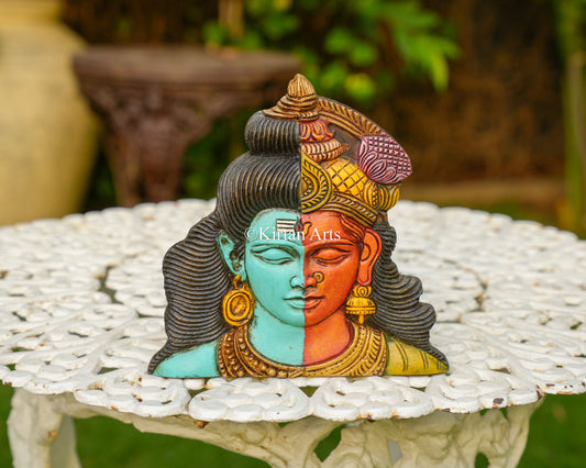 Hand-Carved Ardhanarishvara Wooden Wall Panel – Shiva & Parvati Divine Union | 10"