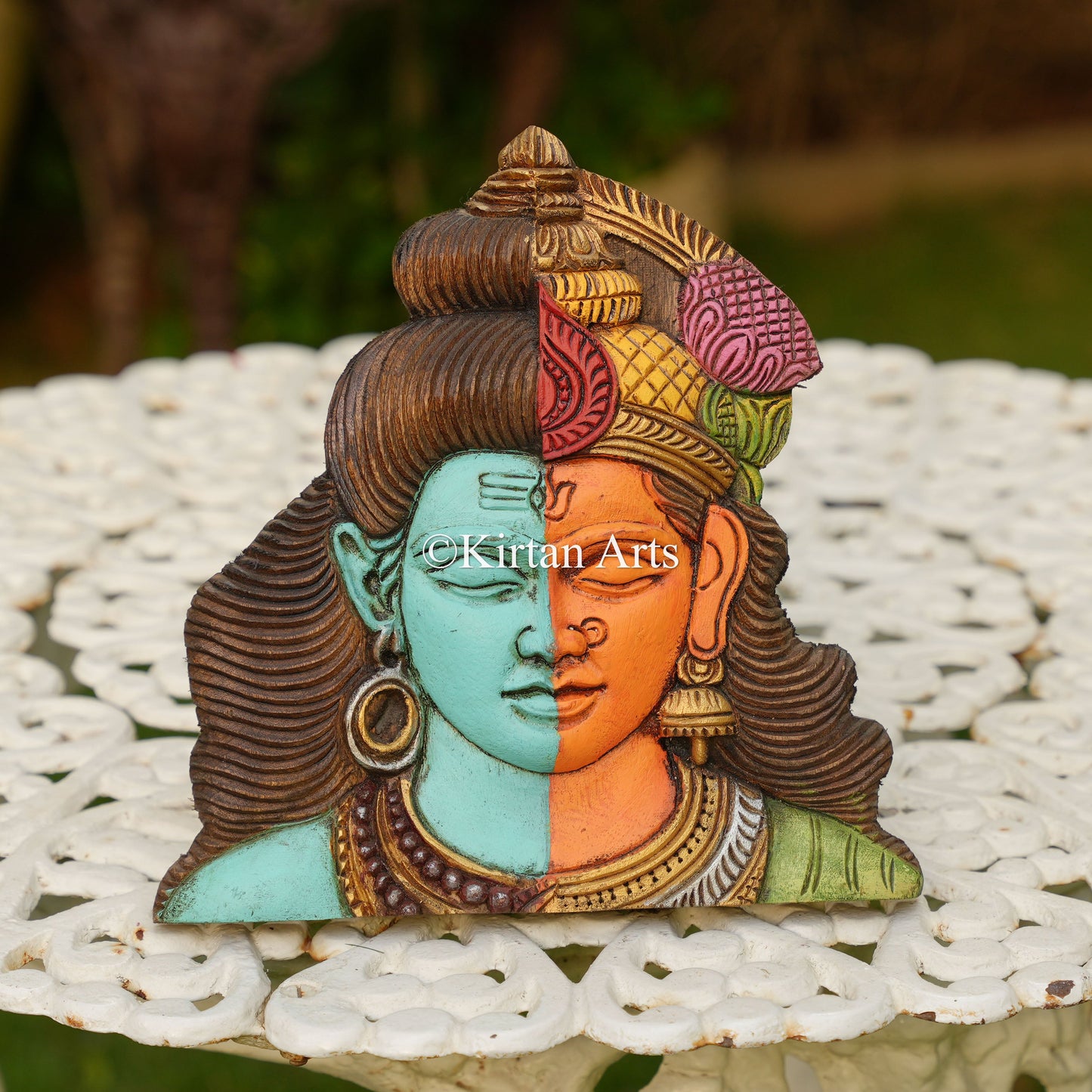10" Hand-Carved Ardhanarishvara Wooden Wall Panel – Shiva & Parvati Divine Union