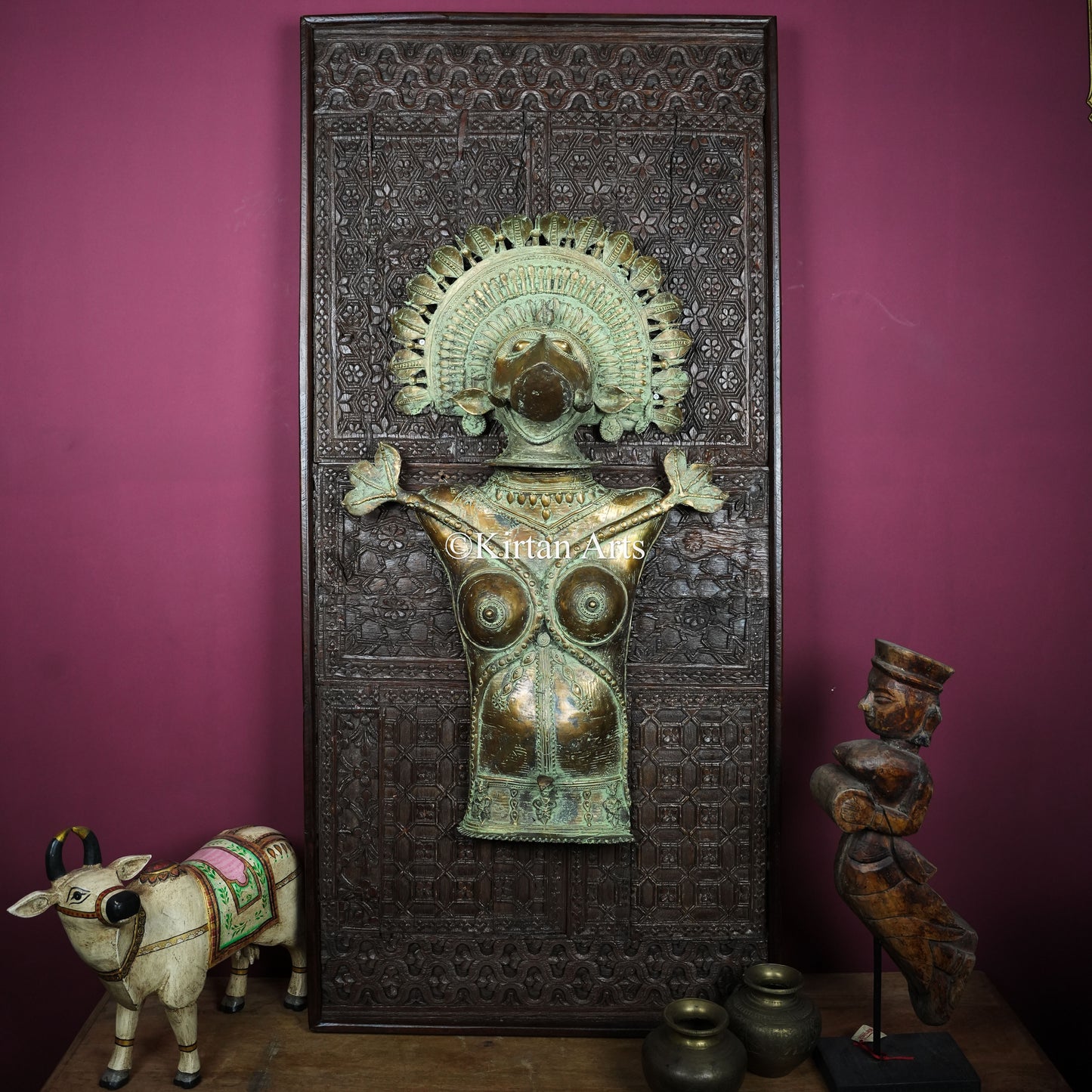 Rare Composite Brass Panjurli + Theyyam Bhadrakali Breastplate on Carved Wood Panel | Kerala & Tulu Nadu Ritual Art