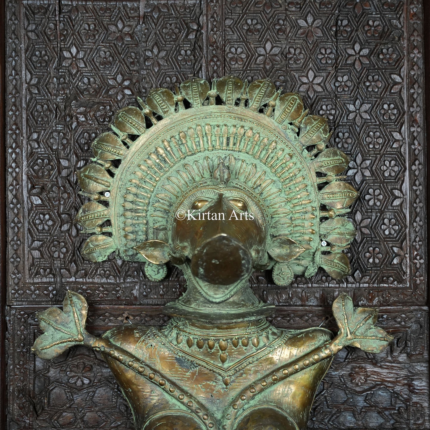 Rare Composite Brass Panjurli + Theyyam Bhadrakali Breastplate on Carved Wood Panel | Kerala & Tulu Nadu Ritual Art