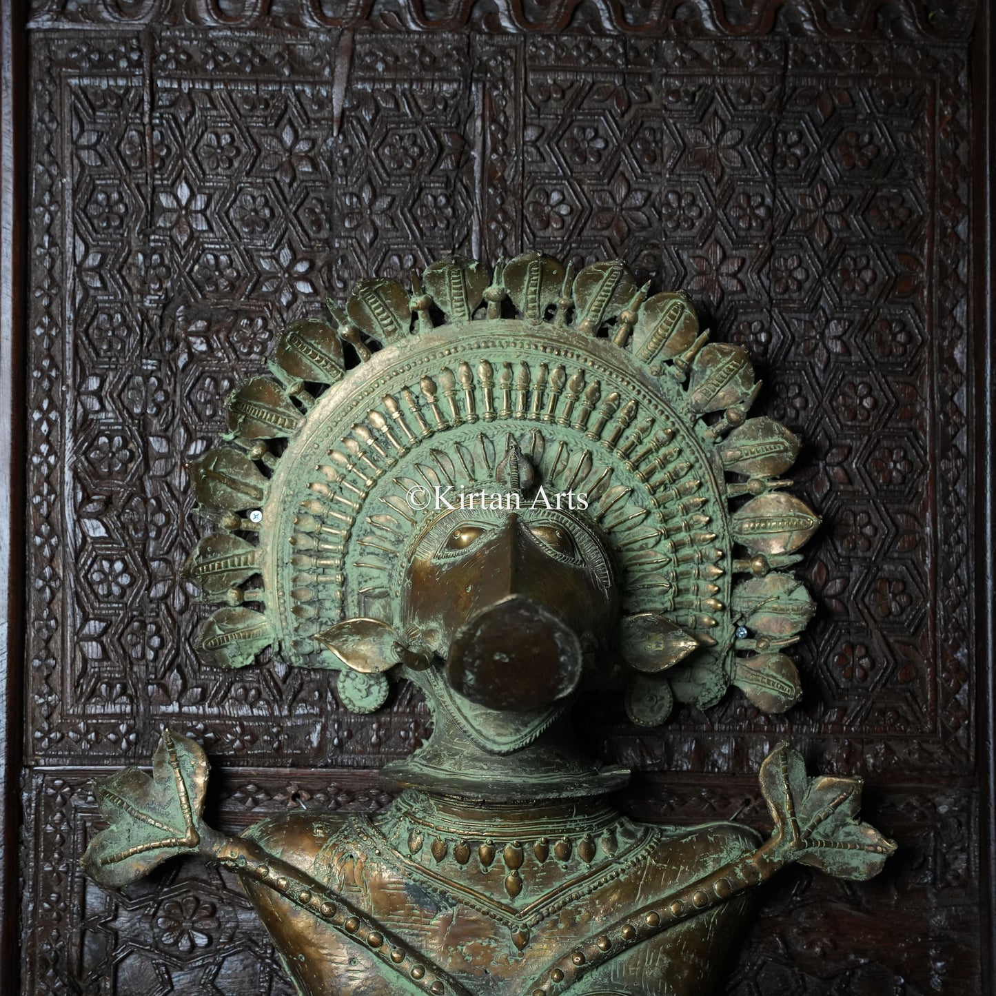 Rare Composite Brass Panjurli + Theyyam Bhadrakali Breastplate on Carved Wood Panel | Kerala & Tulu Nadu Ritual Art
