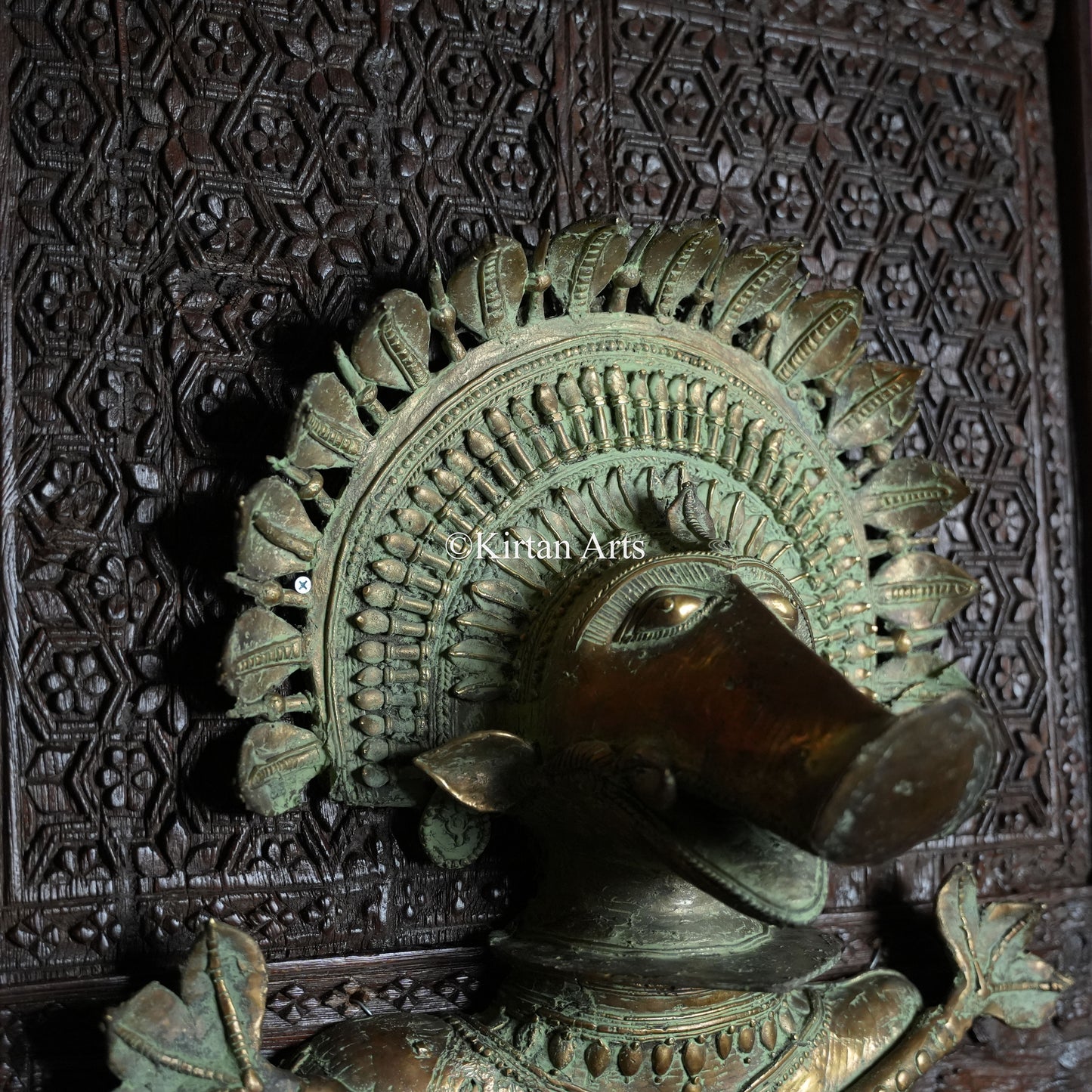 Rare Composite Brass Panjurli + Theyyam Bhadrakali Breastplate on Carved Wood Panel | Kerala & Tulu Nadu Ritual Art