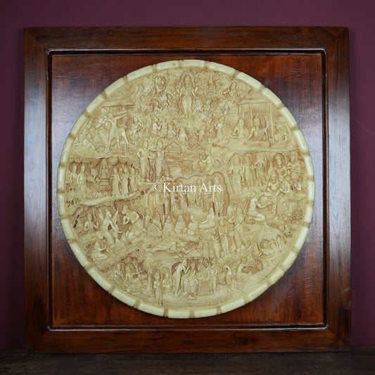 Large Lord Rama's Life Story Wall Panel – 29" Circular Wood & Resin Relief Artwork (37x37 Inch with Teakwood Frame)