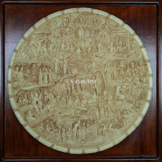 Large Lord Rama's Life Story Wall Panel – 29" Circular Wood & Resin Relief Artwork (37x37 Inch with Teakwood Frame)
